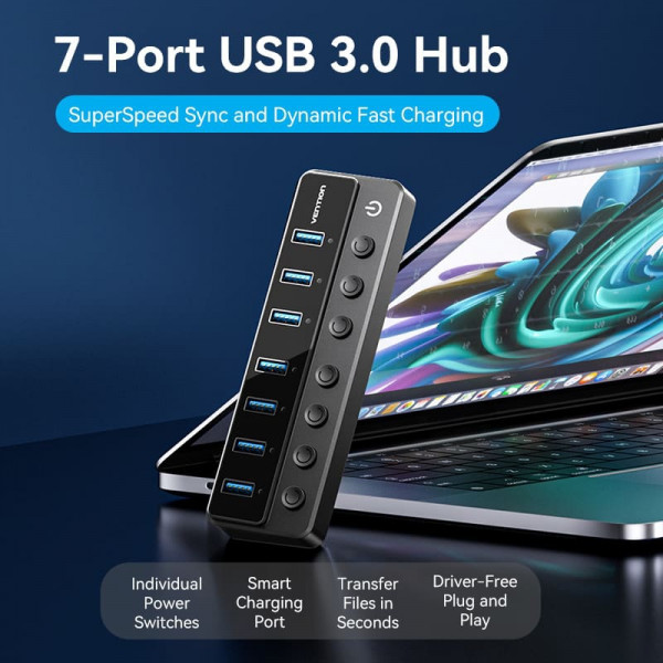 Хаб USB 3.0 -> 7xUSB 3.0, з вимикачами, 1.0м, 5Gbps, активний, з адаптером 12В,чорний Vention
