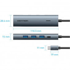 Хаб USB 3.0 Type-C -> 4xUSB 3.0/1xUSB-C, 5Gbps, Black Vention