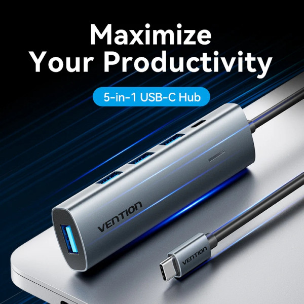 Хаб USB 3.0 Type-C -> 4xUSB 3.0/1xUSB-C, 5Gbps, Black Vention