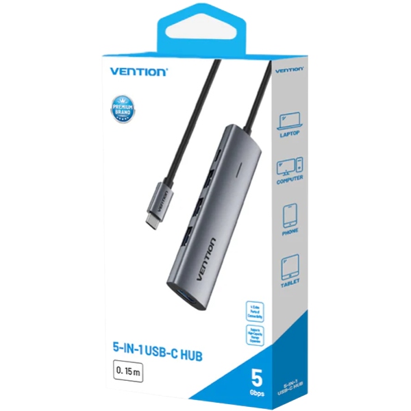 Хаб USB 3.0 Type-C -> 4xUSB 3.0/1xUSB-C, 5Gbps, Black Vention