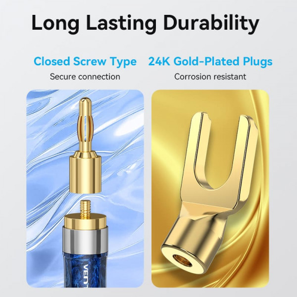 HiFi Audio Speaker Cable 5.0м,Banana-Spade 2xM/M,4N OFC Silver, Gold-Plated,TPE + обплетення,Vention