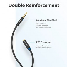 Кабель AUX Audio TRS M/F 2.0м Gold-Plated, нейлонове обплетення, чорний Vention