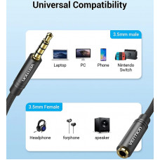 Кабель AUX Audio TRS M/F 2.0м Gold-Plated, нейлонове обплетення, чорний Vention