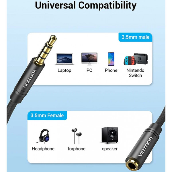 Кабель AUX Audio TRS M/F 2.0м Gold-Plated, нейлонове обплетення, чорний Vention