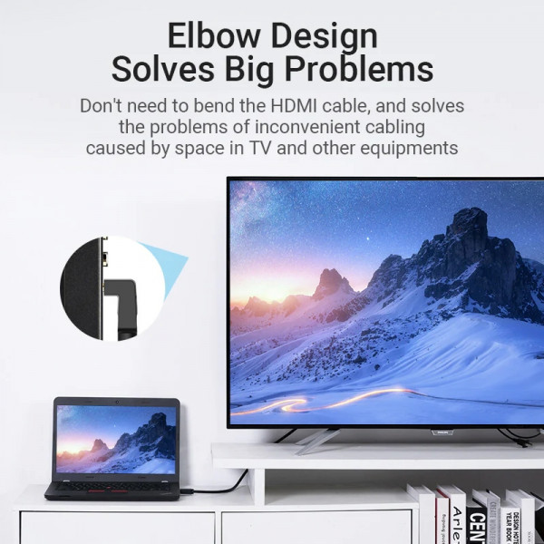 Кабель HDMI M - M, 1.0м, V2.0, 4K 60Гц, кут 270°, PVC, чорний Vention