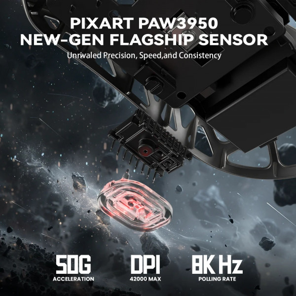 Мишка Attack Shark R2, Wireless/Bluetooth, 42000dpi. (PAW3950), 6кн., Silver gray