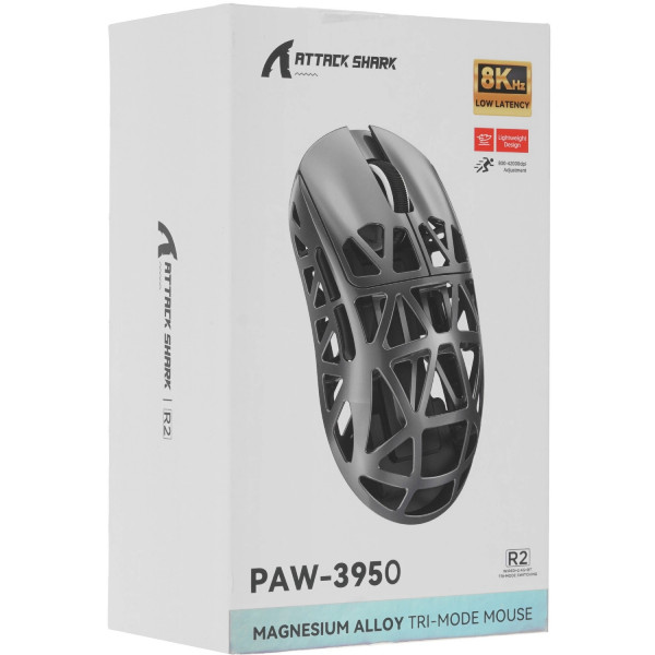 Мишка Attack Shark R2, Wireless/Bluetooth, 42000dpi. (PAW3950), 6кн., Silver gray