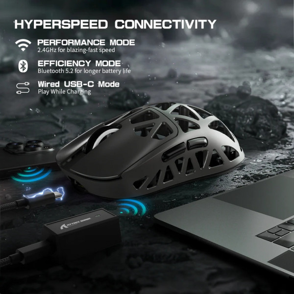 Мишка Attack Shark R2, Wireless/Bluetooth, 42000dpi. (PAW3950), 6кн., Silver gray