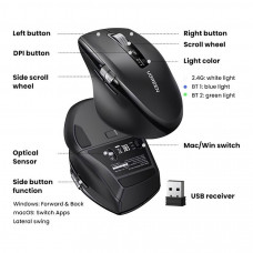 Мишка UGREEN 2.4GHz&BT M751 Ergonomic Contoured-Shape, бездротова, 5000dpi., 5кн., Чорна