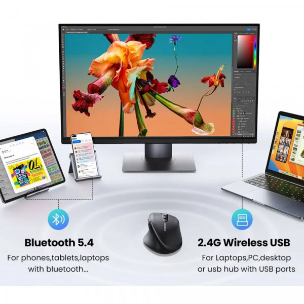 Мишка UGREEN 2.4GHz&BT M751 Ergonomic Contoured-Shape, бездротова, 5000dpi., 5кн., Чорна