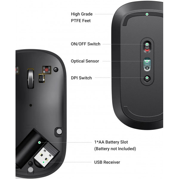 Мишка UGREEN 2.4GHz MU001, бездротова, 4000dpi., 3кн., чорна