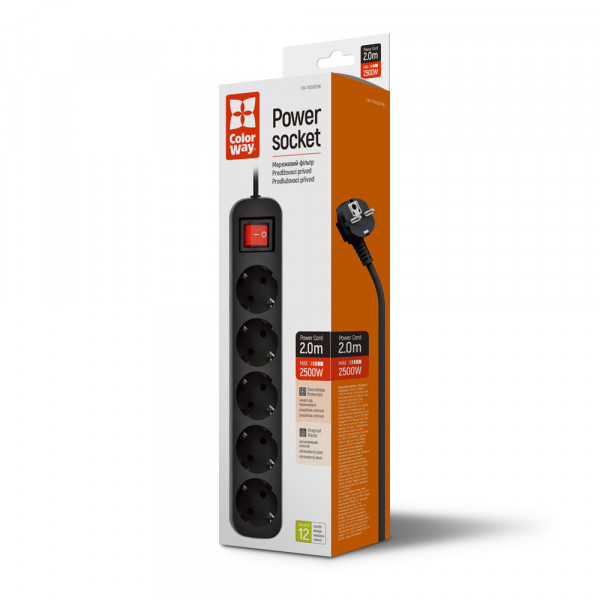 Power filtr 2.0м СolorWay 5 розеток, чорний