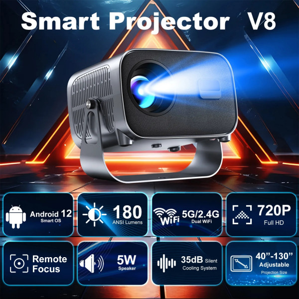 Проєктор H96 MAX V8 LED LCD HD 180AL 16:9 CPU:RK3566 1G/8G Android 12.0 WiFi6 BT сірий