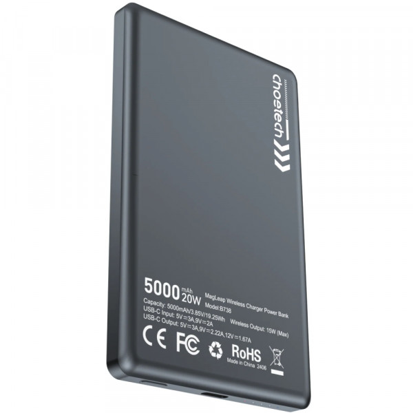 УМБ Choetech Magnetic Wireless 5000mAh 20W PD Qi-15W USB-C In/Out, тонкий, чорний