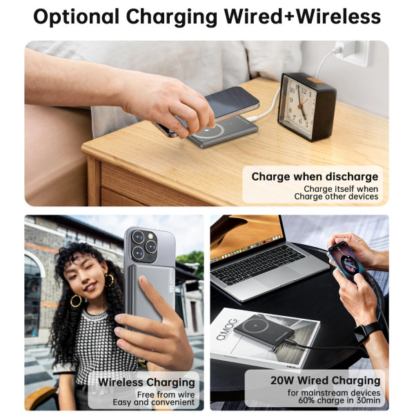 УМБ Choetech Magnetic Wireless 5000mAh 20W PD Qi-15W USB-C In/Out, тонкий, чорний