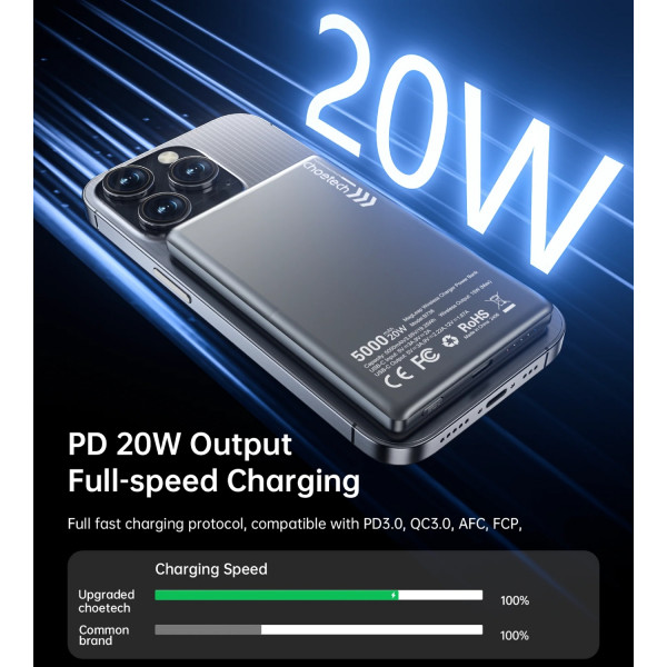 УМБ Choetech Magnetic Wireless 5000mAh 20W PD Qi-15W USB-C In/Out, тонкий, чорний