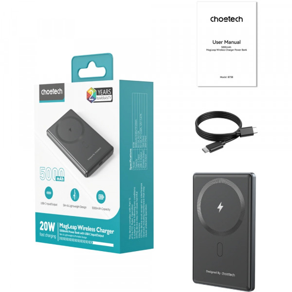 УМБ Choetech Magnetic Wireless 5000mAh 20W PD Qi-15W USB-C In/Out, тонкий, чорний