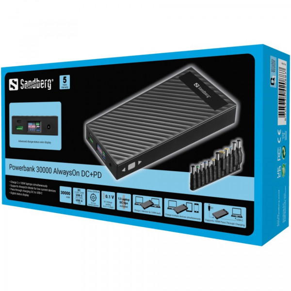 УМБ Sandberg 30000mAh 200W PD+Laptop DC, UPS mode, DC 3V-25V/4.8A USB QC3.0,Type-C in/out, диспле