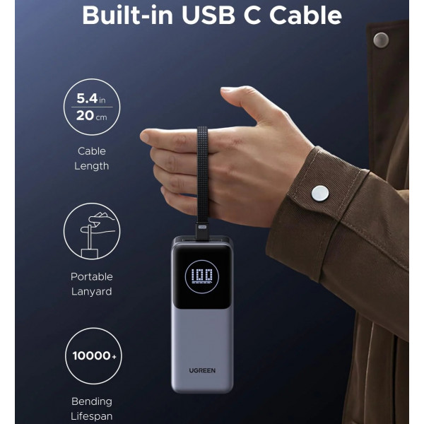УМБ Ugreen 20000mAh 130W PD/QC, USB-A, USB-С In/Out with built-in USB-C cable (PB723) Gray