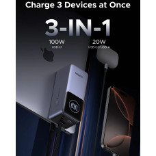 УМБ Ugreen 20000mAh 130W PD/QC, USB-A, USB-С In/Out with built-in USB-C cable (PB723) Gray