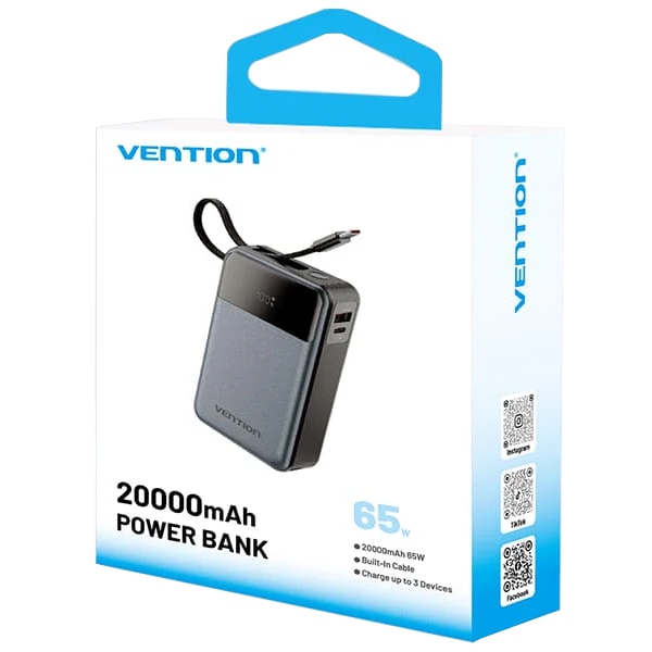 УМБ Vention 20000mAh 65W 3A PD,QC3.0,USB-A,2хType-C OUT,with Built-in USB-C Cable, LED Display,Black