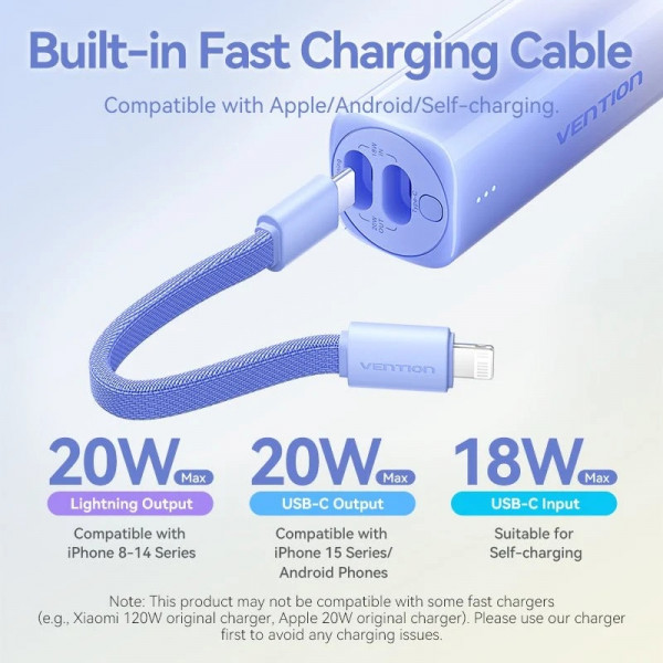 УМБ Vention 5000mAh 20W PD, USB-C In/Out, Lightning In/Out, with cable, Gold