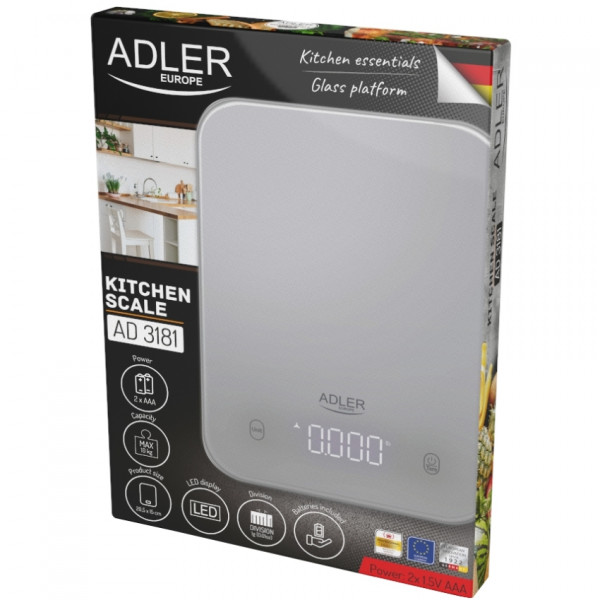 Ваги кухонні Adler AD 3181 grey електронні/ 10кг/ г; кг, фунт/ 2хААА/ автовимкнення/ скло
