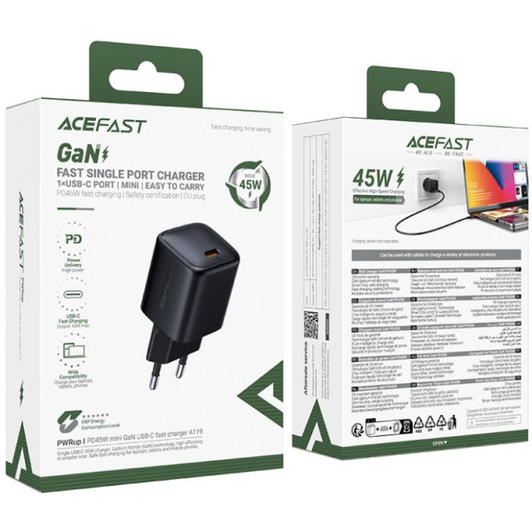 Зарядний пристрій 1xUSB-C 45W Gan A119 Fast Charger black Acefast
