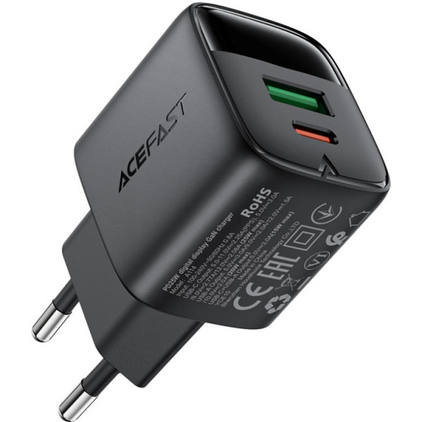 Зарядний пристрій 2xUSB 25W (USB-C+USB-A) with digital display Gan A114 Black Acefast