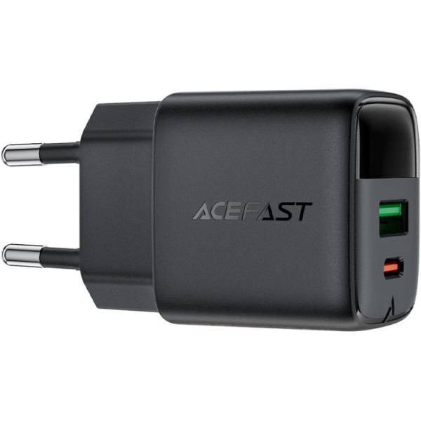 Зарядний пристрій 2xUSB 25W (USB-C+USB-A) with digital display Gan A114 Black Acefast