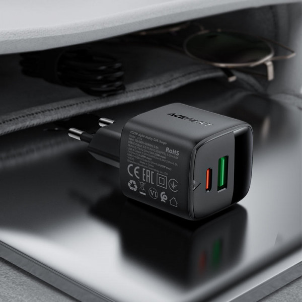Зарядний пристрій 2xUSB 25W (USB-C+USB-A) with digital display Gan A114 Black Acefast