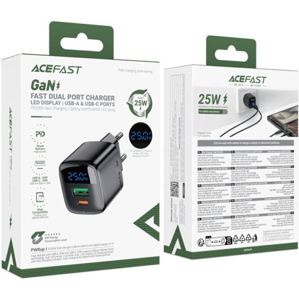 Зарядний пристрій 2xUSB 25W (USB-C+USB-A) with digital display Gan A114 Black Acefast