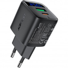 Зарядний пристрій 2xUSB 25W (USB-C+USB-A) with digital display Gan A114 Black Acefast
