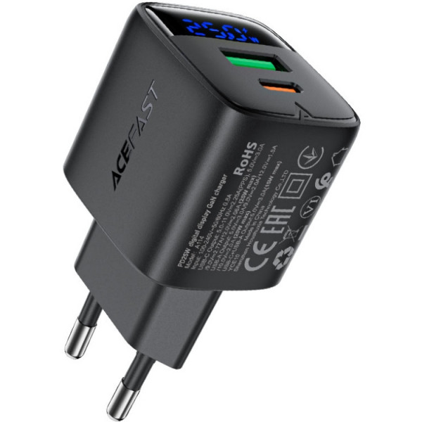 Зарядний пристрій 2xUSB 25W (USB-C+USB-A) with digital display Gan A114 Black Acefast