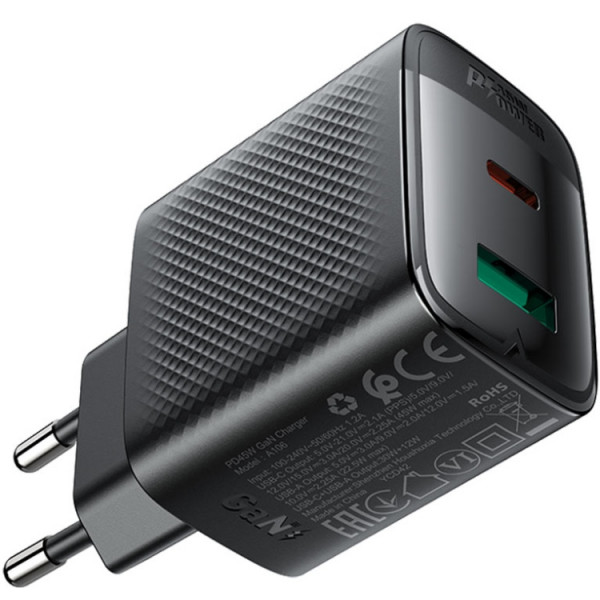 Зарядний пристрій 2xUSB 45W (USB-C+USB-A) Gan A106 Black Acefast