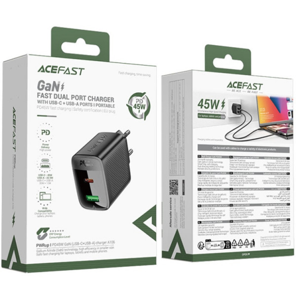 Зарядний пристрій 2xUSB 45W (USB-C+USB-A) Gan A106 Black Acefast