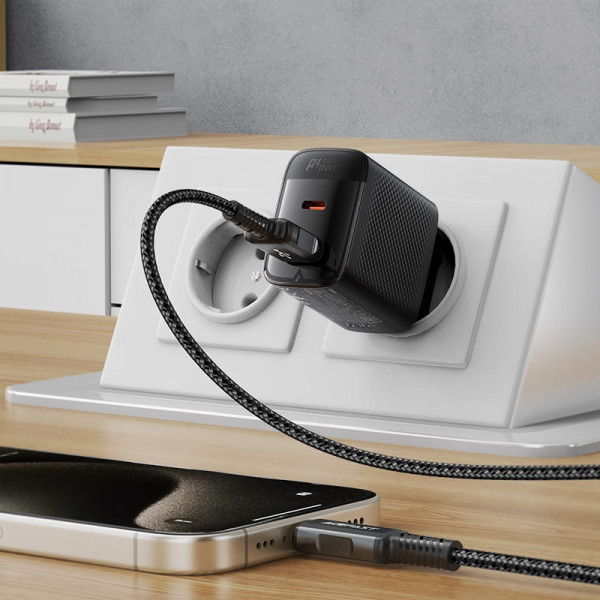 Зарядний пристрій 2xUSB 45W (USB-C+USB-A) Gan A106 Black Acefast