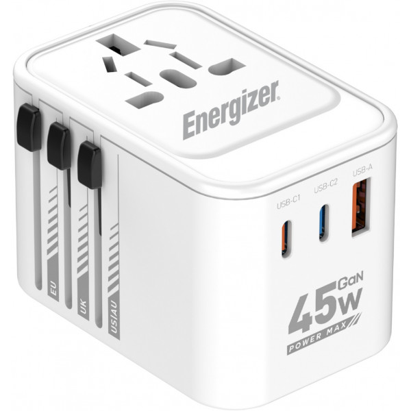 Зарядний пристрій 3xUSB 45W GaN (2хUSB-C+USB-A) PD3.0/QC3.0, universal plugs US/EU/AU/UK Energizer