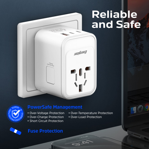 Зарядний пристрій 3xUSB 45W GaN (2хUSB-C+USB-A) PD3.0/QC3.0, universal plugs US/EU/AU/UK Energizer