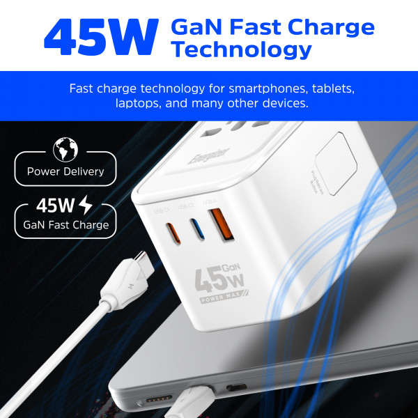Зарядний пристрій 3xUSB 45W GaN (2хUSB-C+USB-A) PD3.0/QC3.0, universal plugs US/EU/AU/UK Energizer