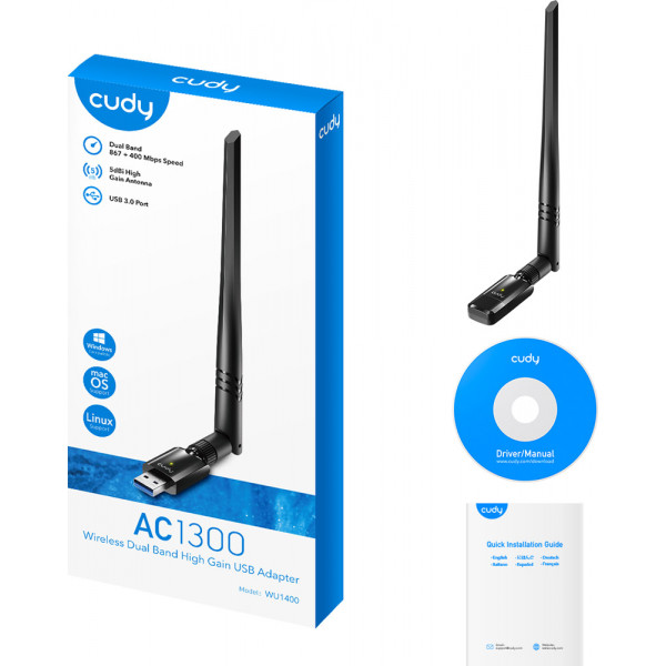 Адаптер WiFi Cudy WU1400, AC1300 Wi-Fi High Gain USB 3.0 Adapter