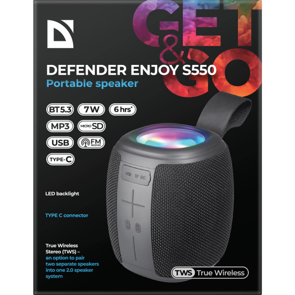 Акустична система 1.0 Defender Enjoy S550, 7W, Bluetooth/Light/FM/USB/TF/Type-C чорна