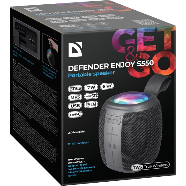 Акустична система 1.0 Defender Enjoy S550, 7W, Bluetooth/Light/FM/USB/TF/Type-C чорна
