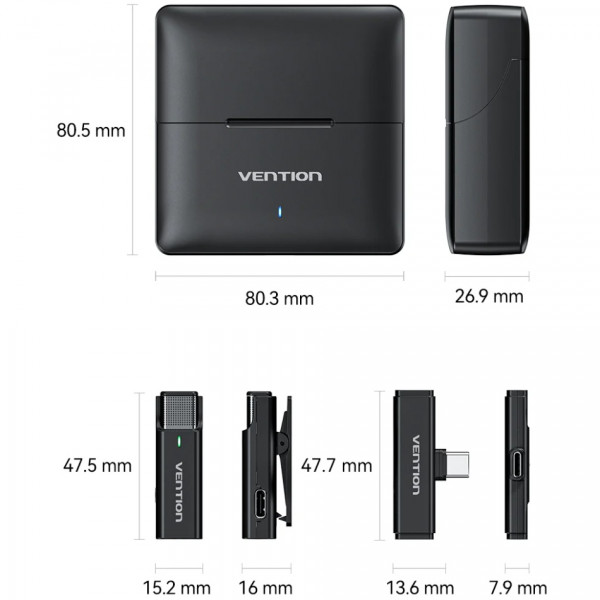Бездротовий подвійний петличний мікрофон Vention USB-C 2-Pack Wireless Lavalier with Charging Case