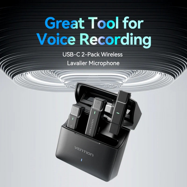 Бездротовий подвійний петличний мікрофон Vention USB-C 2-Pack Wireless Lavalier with Charging Case