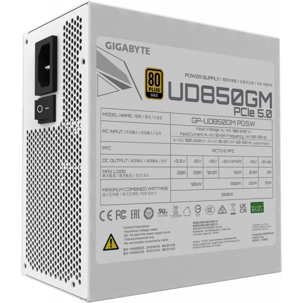 БЖ 850W GIGABYTE UD850GM PG5W 80+ GOLD 120mm, modular, White, ATX 3.0