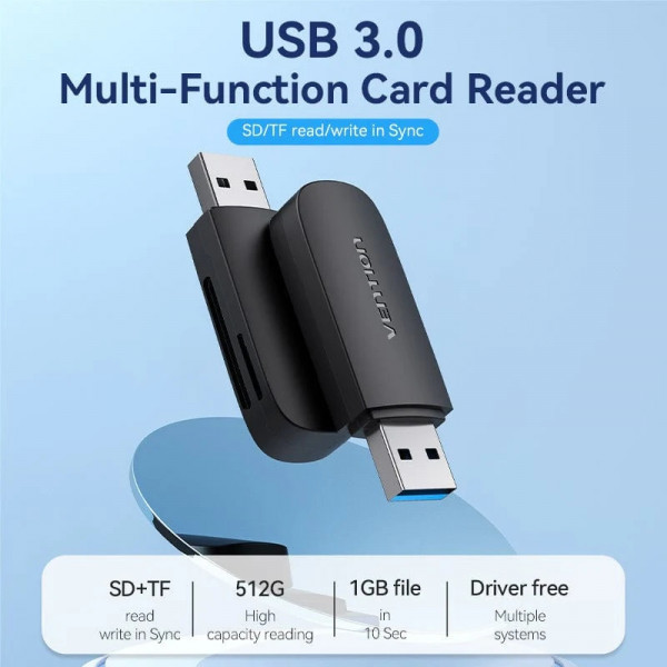 Card Reader USB 3.0, 2-слота SD/TF чорний Vention
