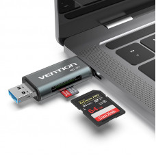 Card Reader USB 3.0, 2-слота SD/TF, USB-A/USB-C/Micro USB, Aluminum Alloy ,чорний Vention