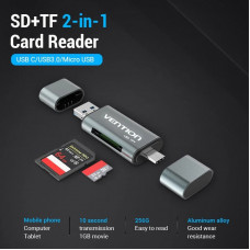 Card Reader USB 3.0, 2-слота SD/TF, USB-A/USB-C/Micro USB, Aluminum Alloy ,чорний Vention