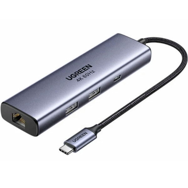 Док-станція USB3.0 Type-C -> DP4K60Hz/RJ45/USB-Ax2, 3.0/ 1xUSB-C 3.0/ PD 100W CM512 сіра Ugreen